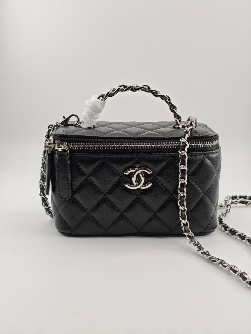 Black Quilted Lambskin Top Handle Long Vanity Case with Chain Gold Hardware